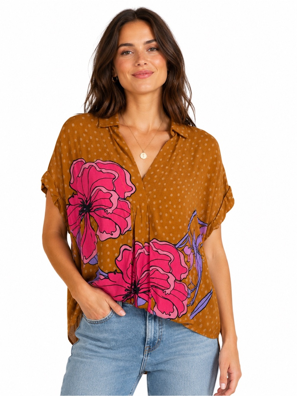 Anthropologie Bl^nk London Short Sleeve Brown Bold Floral Shirt (Small)